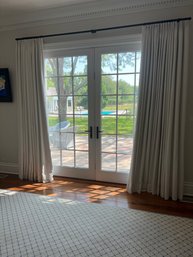 Pair Of White Pleated And Lined Linen Drapes With Black Hardware (2 0f 4)