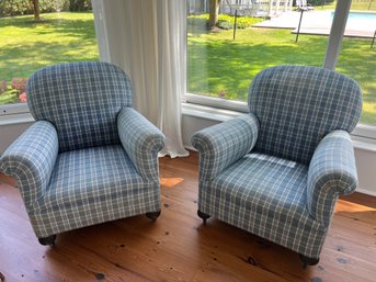 Pair Of Blue Plaid Upholsterd Club Chairs On Wheels