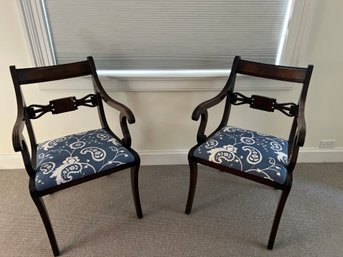 Pair Of Regency Mahogany Arm Chairs With Blue And White Upholstered Seats