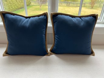 Pair Of Navy Blue Pottery Barn 18'sq Throw Pillow With Woven Brown Trim