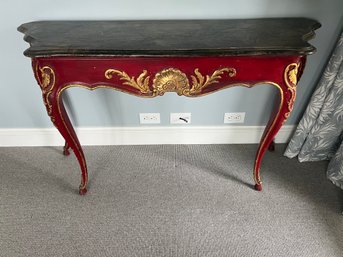 Red And Gold Hand Carved Italian Faux Marble Console Table