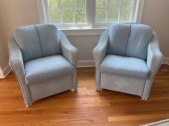 Pair Of Pale Blue Wicker Chairs With Custom Pillows