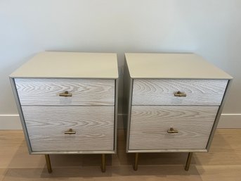 Pair Of William & Sonoma Modernist Wood & Lacquer End Tables With Brass Pulls And Base