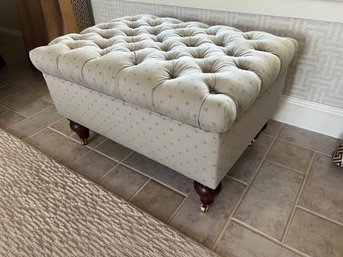 Taupe And Blue Patterned Upholstered Ottoman With Wood Wheeled Legs (2 Of 2)