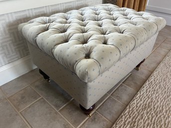 Taupe And Blue Patterned Upholstered Ottoman With Wood Wheeled Legs (1 Of 2)