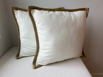 Pair Of Pottery Barn Cream 18'sq Throw Pillows With Weaved Border