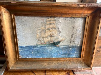 Antique Framed Distressed Ship Painting