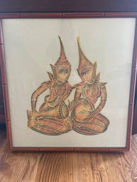 Vintage Siam Musicians Thai Temple Rubbing Framed In Faux Bamboo Frame