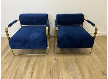 NEW! Modshop Pair Of Blue Faena Armchairs With Brass Frame