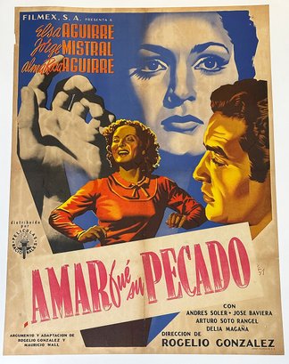 Vintage 1951 Mexican One-Sheet Movie Poster - AMAR FUE SU PECADO  - Linen Backed