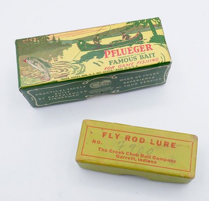 2 Vintage Fishing Lure Boxes - Creek Chub Fly Rod Lure & Pflueger Chum Spoon