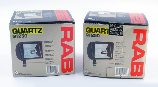 Pair Of RAB QT250 Die Cast Aluminum 200W Quartz Halogen Flood Lights - Never Used In Box