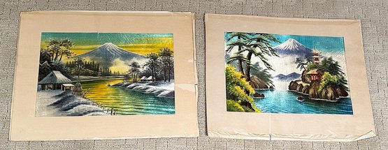 Pair Of Vintage Japanese Mt. Fuji Silk Embroidered Paintings