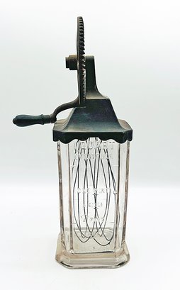 Antique Silvers (Brooklyn NY) Egg Beater / Mixer - Cast Iron Beater, Glass Jar