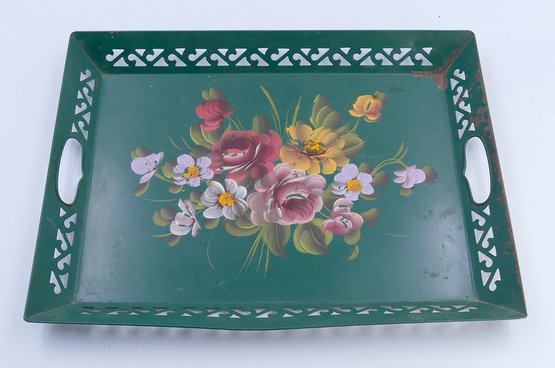 1950's Fine Arts Studio Hand Painted Green Tole Tray