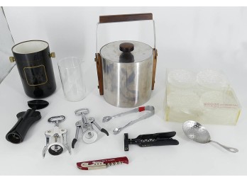 Vintage Barware Lot - Ice Bucket, Wine Chiller, Coasters, Etc