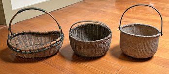 3 Different Vintage Woven Baskets - Splint, Wicker, & Grass