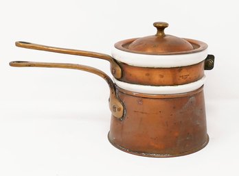 Vintage Bazar Francais Copper & Ceramic Double Boiler