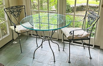 Indoor/Outdoor Wrought Metal & Glass Top Round Table With A Pair Of Side Chairs