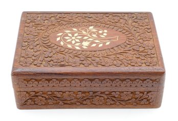 Vintage Hand Carved And Inlaid Wooden Jewelry / Trinket Box