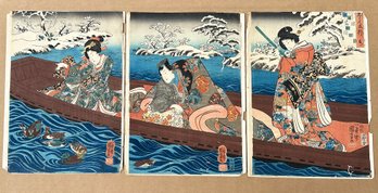 Utagawa Kuniyoshi (1797 - 1861) Japanese Woodblock Print Triptych - Water: The Drifting Boat (1851-2)