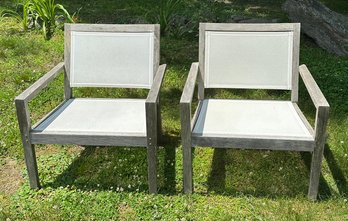 Pair Of Crate & Barrel Regatta Teak And Natural Mesh Outdoor Lounge Chairs