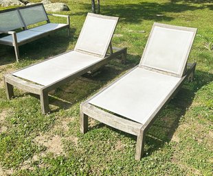 Pair Of Crate & Barrel Regatta Teak And Natural Mesh Chaise Lounge Chairs