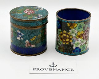 Vintage Chinese Cloisonne Enamel Pen Holder & Trinket Box