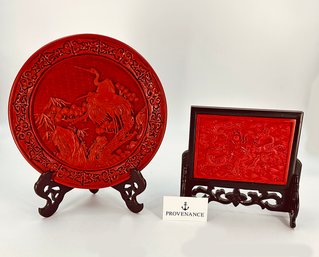 Chinese Cinnabar Carved Decorative Plate And Panel