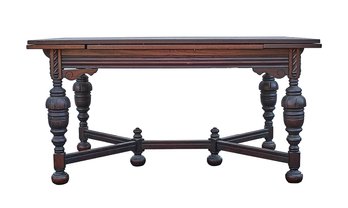 Jacobean Style Carved Wooden Dining Table With 2 Attached Extension Leaves