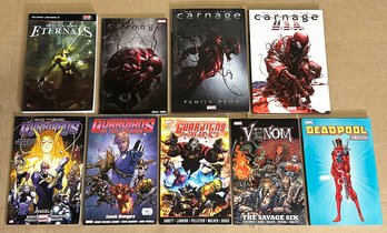 Lot Of 9 Marvel Comics Hardcover & Paperback Novels / Comic Books - Carnage, Guardians/Galaxy, Deadpool, Etc