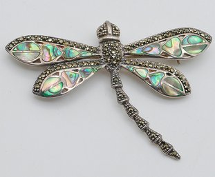 Vintage Sterling Silver Abalone Dragonfly Brooch / Pendant