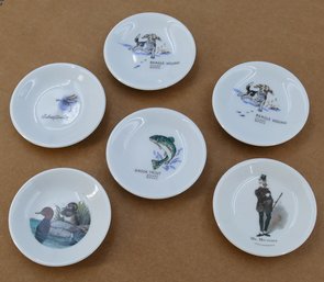 Set Of 6 Vintage Fine China Hand Colored Small Trays / Bowls - Fly Fishing, Hunting, Etc