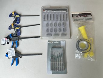 Hardware Lot - 4 Bar Clamps, Screwdriver Bit/Socket Set, Screwdriver Set, And Gas Can Spout & Lid