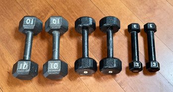 3 Pairs Cast Hex Dumbbells - 10, 5, And 3 Lbs