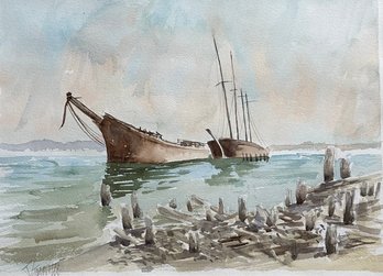 Jerry Gannotti Watercolor Painting - Seascape / Boats