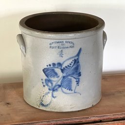 1870-1890 Ottman Bros (Fort Edward, NY) 4-Gallon Stoneware Crock - Cobalt Floral Design