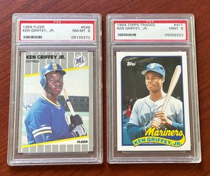 Pair Of 1989 Ken Griffey Jr Rookie Baseball Cards - Fleer And Topps Traded - Graded PSA 8 & PSA 9