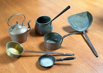 Antique Copper Tea Kettle, Cooking Pots, Pan, And Shovel - 18th/19th C.