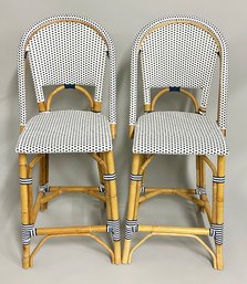 Pair Of Serena & Lily Style Riviera Rattan Counter Stools - Navy & White