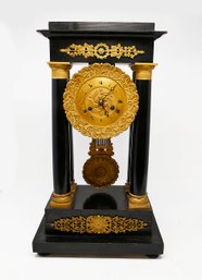 19th C. French Empire Style Black Lacquer And Gilt Bronze Portico Mantel Clock