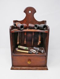 Vintage Wooden Handing Tobacco Pipe Holder With Pipes And Tools