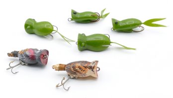 6 Vintage 1980's Fishing Lures - Frog And Bird Poppers