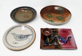 4 Pieces Of Signed Pottery - 2 Bowls, A Plate, And A Sushi/Appetizer Tray