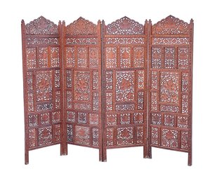 Indian Carved Teak Wood 4-Panel Room Divider