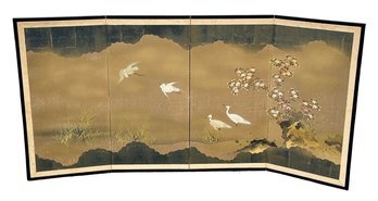 Vintage Asian 4-Panel Folding Screen - Nature/Bird Scene - 36'h X 71'w