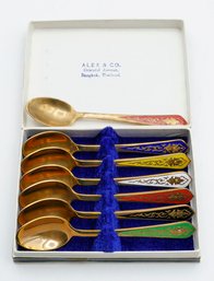 Vintage Set Of 7 Demitasse Brass Spoons With Cloisonne Enameled Handles - Bangkok, Thailand