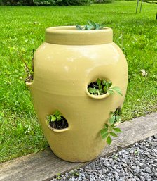 Yellow Glazed Terra Cotta Strawberry Pot