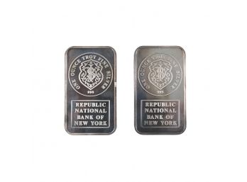 Lot Of 2 - One Troy Ounce Silver Bars - Johnson Matthey Republic National Bank (NY) - 1980'S