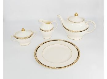 Royal Doulton Fine Bone China Tea Set - Andover Pattern - Teapot, Creamer, Sugar Bowl, Serving Plate